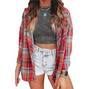 Plaid Flannel Shirts for Women Loose Fit Boyfriend Button Down Shirt Long